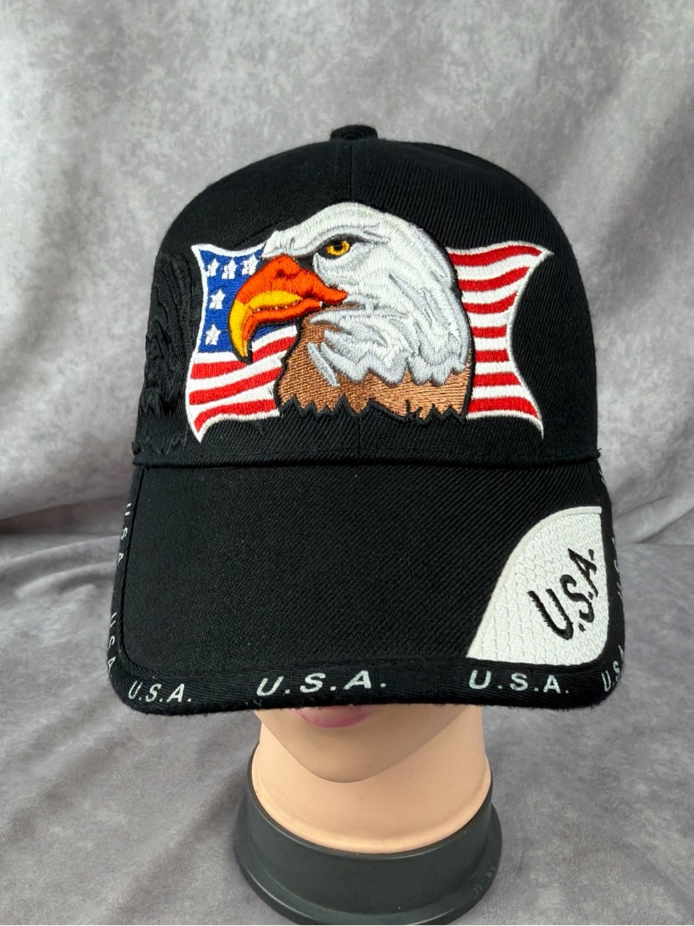 USA Patriotic Bald Eagle American Flag Embroidered Black Adjustable Sports Cap